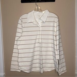 Liz Claiborne Classic White Tan Striped Long Sleeve Polo Shirt Size XL